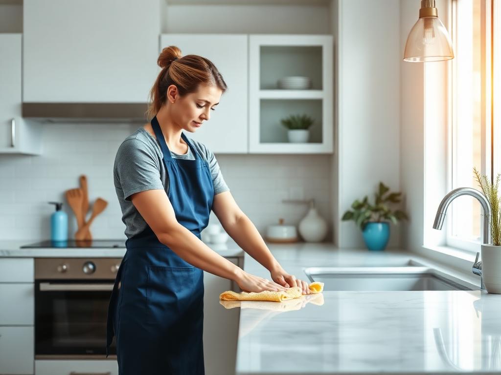 Celtic Shine cleaner polishing a kitchen worktop in a bright modern home
