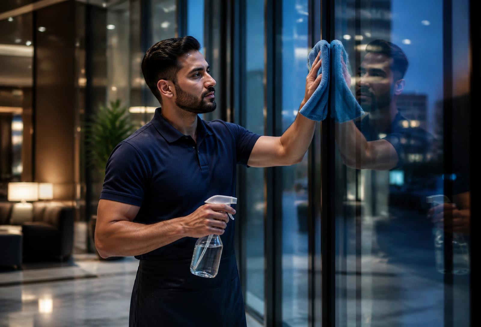 Celtic Shine professional polishing an office glass wall to a streak-free finish